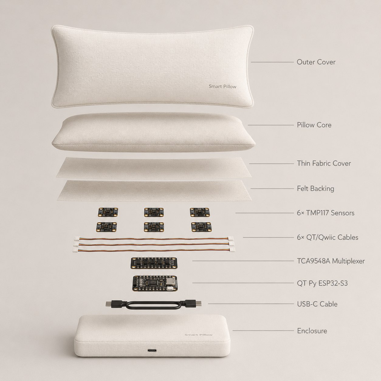 Exploded view of the Smart Pillow internal components: outer cover, comfort layer, six TMP117 sensors, fabric carrier, pillow core, qwiic cables, multiplexer, ESP32-S3, USB-C cable and enclosure