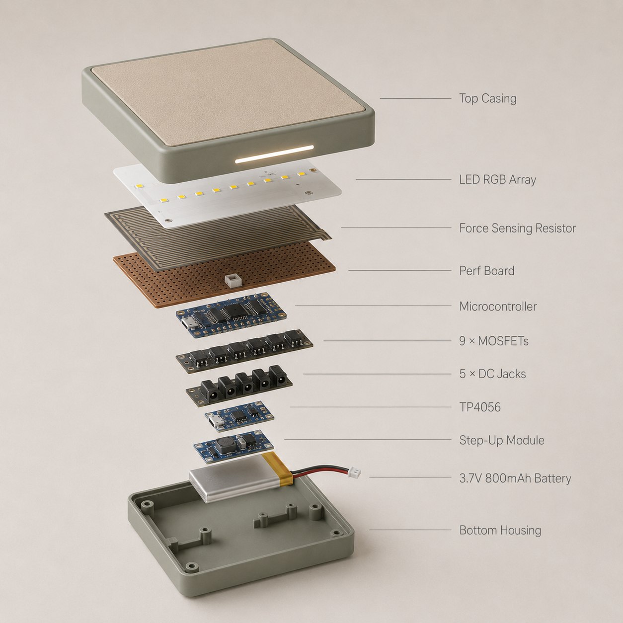 Exploded view of the walkway tile: top casing, border LED array, force sensing resistor, microcontroller, MOSFETs, DC jacks, TP4056, step-up module, perf board, battery and bottom housing